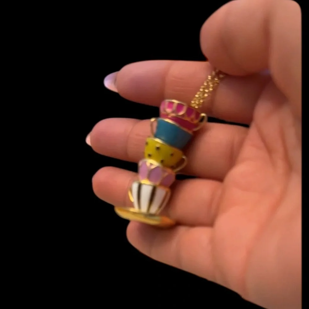 KATE SPADE Tea Time Stacked Teacup Long‎ Pendant Necklace NWT